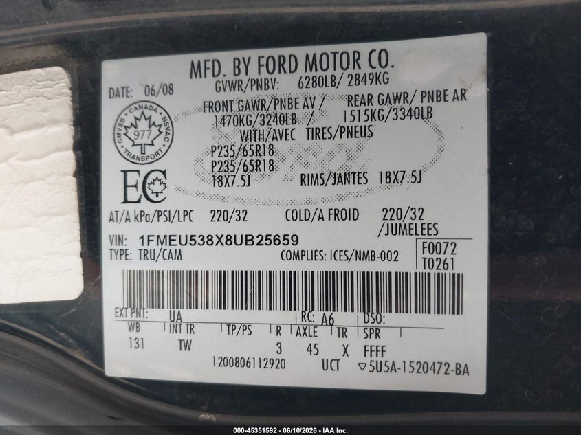 2008 Ford Explorer Sport Trac Limited VIN: 1FMEU538X8UB25659 Lot: 45351592