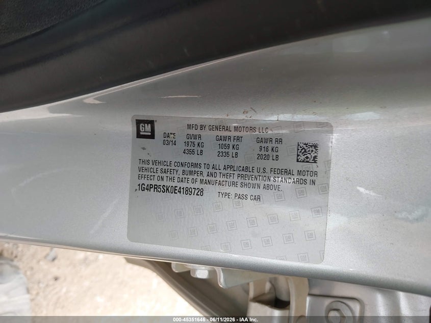 2014 Buick Verano Convenience Group VIN: 1G4PR5SK0E4189728 Lot: 45351646