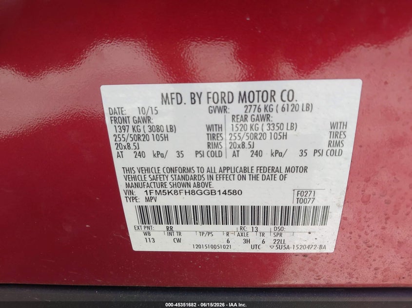 FORD EXPLORER 2016 VIN 1FM5K8FH8GGB14580