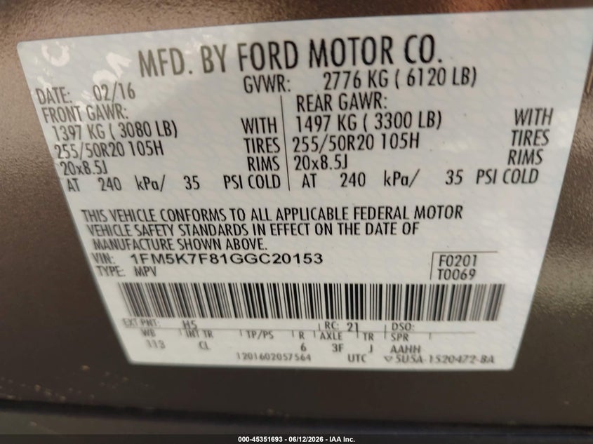 2016 Ford Explorer Limited VIN: 1FM5K7F81GGC20153 Lot: 45351693