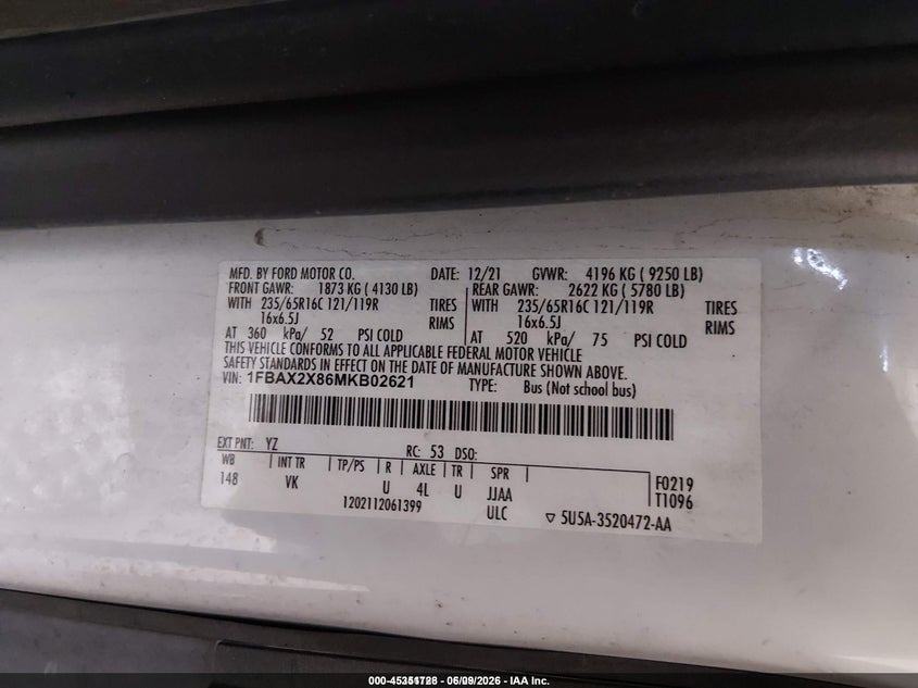 2021 Ford Transit-350 Passenger Van Xl VIN: 1FBAX2X86MKB02621 Lot: 45351728