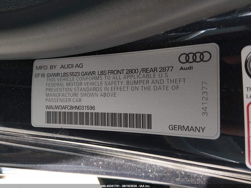 2017 Audi A7 Competition Prestige VIN: WAUW3AFC8HN031596 Lot: 45351751