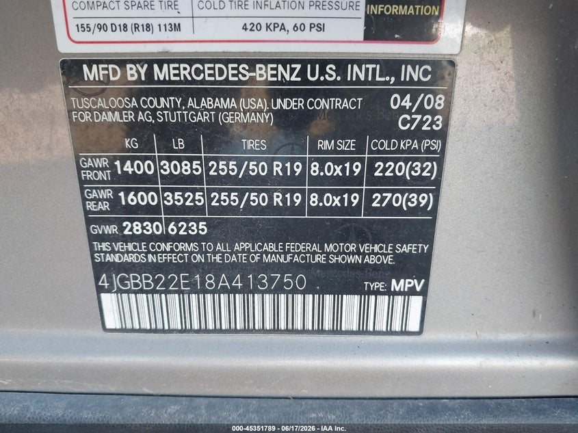 2008 Mercedes-Benz Ml 320 Cdi 4Matic VIN: 4JGBB22E18A413750 Lot: 45351789