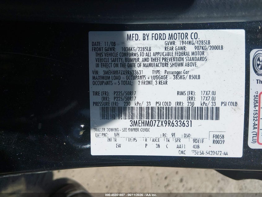 2009 Mercury Milan I4 VIN: 3MEHM07ZX9R633631 Lot: 45351807