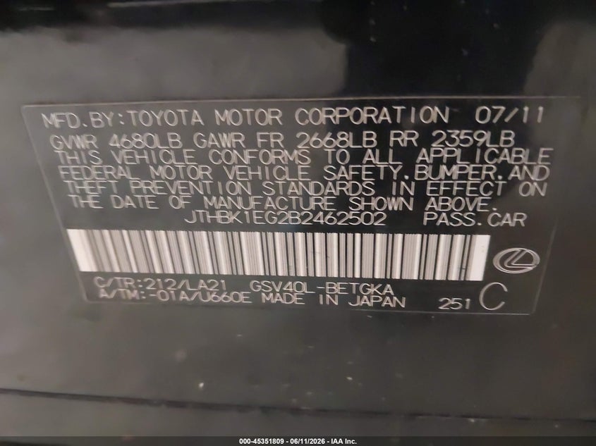 2011 LEXUS ES SEDAN 3.5L V-6 DOHC, VVT, 268HP