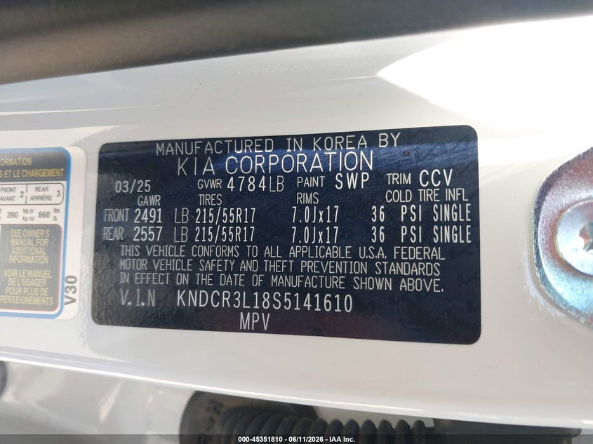2025 Kia Niro Ev Wind VIN: KNDCR3L18S5141610 Lot: 45351810