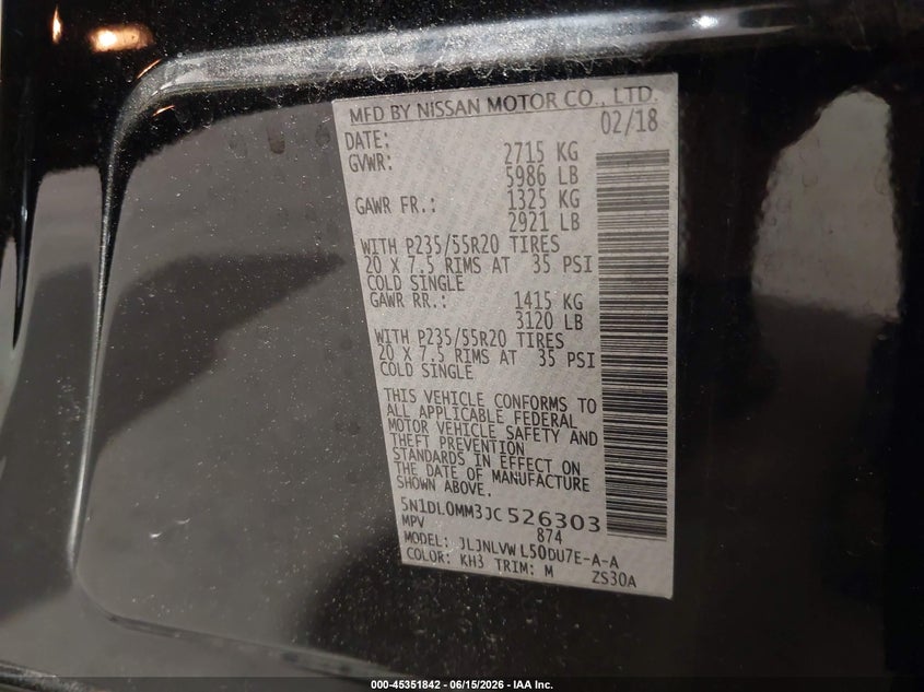 INFINITI QX60 2018 VIN 5N1DL0MM3JC526303