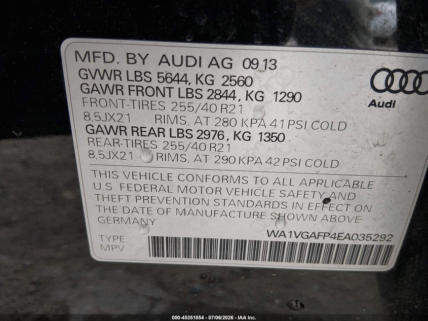 2014 Audi Sq5 3.0T Premium Plus VIN: WA1VGAFP4EA035292 Lot: 45351854