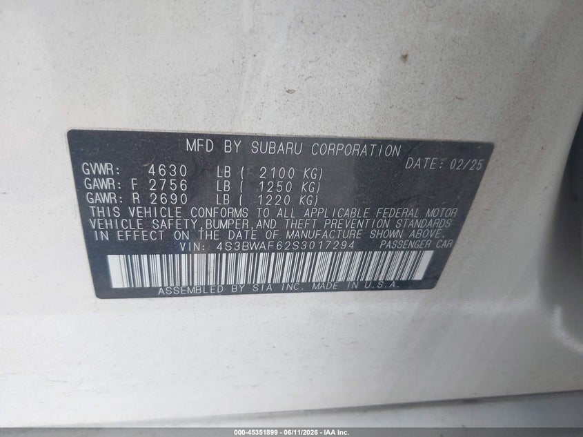 2025 Subaru Legacy Premium VIN: 4S3BWAF62S3017294 Lot: 45351899