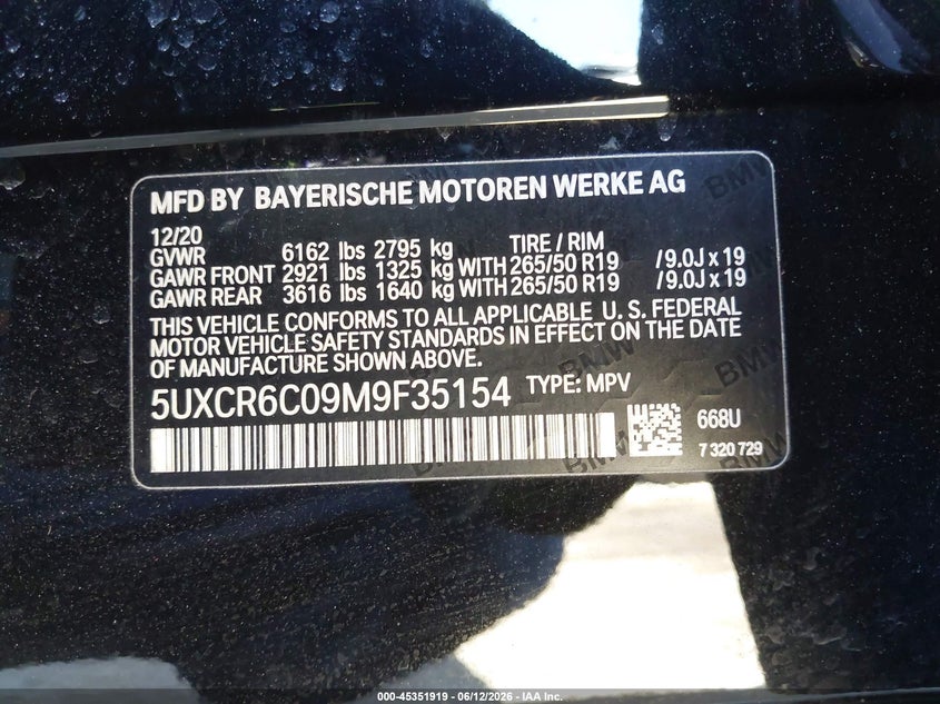 2021 BMW X5 xDrive40I VIN: 5UXCR6C09M9F35154 Lot: 45351919