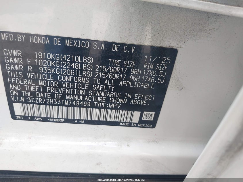 HONDA HR-V 2026 VIN 3CZRZ2H33TM748499