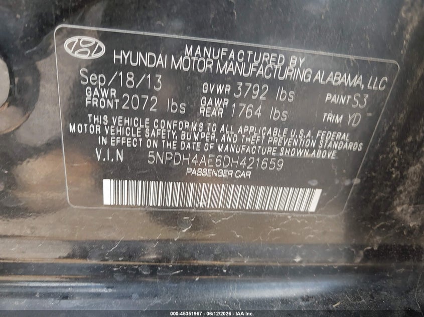 2013 Hyundai Elantra Limited VIN: 5NPDH4AE6DH421659 Lot: 45351967