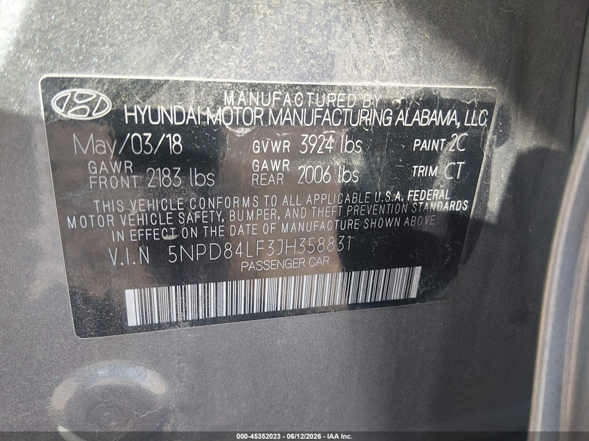 2018 Hyundai Elantra Limited VIN: 5NPD84LF3JH358831 Lot: 45352023