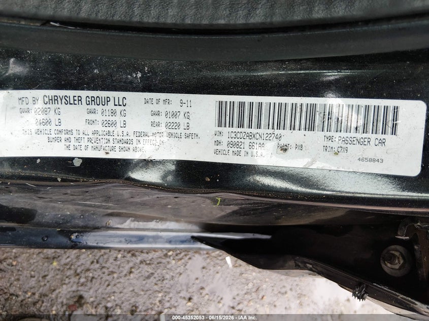 2012 Dodge Avenger Se VIN: 1C3CDZABXCN122740 Lot: 45352053