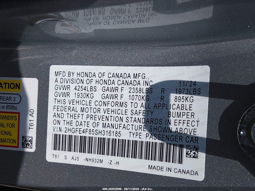 VIN 2HGFE4F85SH316185 2025 HONDA CIVIC HYBRID SPORT/SPORT TOURING