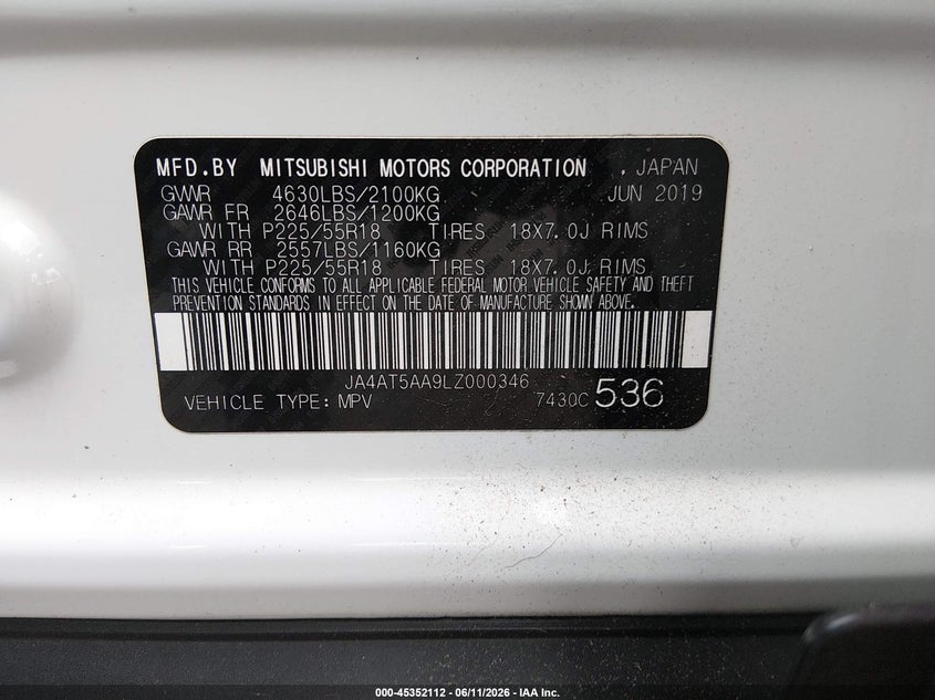 2020 Mitsubishi Eclipse Cross Sel 1.5T Awc VIN: JA4AT5AA9LZ000346 Lot: 45352112
