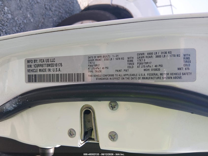 2021 Ram 1500 Classic Slt 4X2 6'4 Box VIN: 1C6RR6TT8MS516176 Lot: 45352133