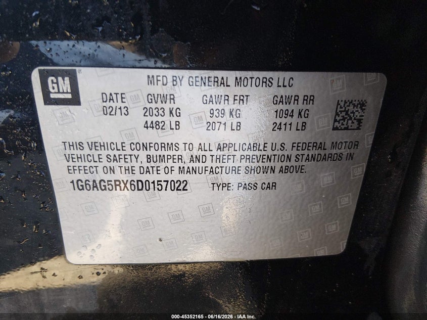 2013 Cadillac Ats Standard VIN: 1G6AG5RX6D0157022 Lot: 45352165