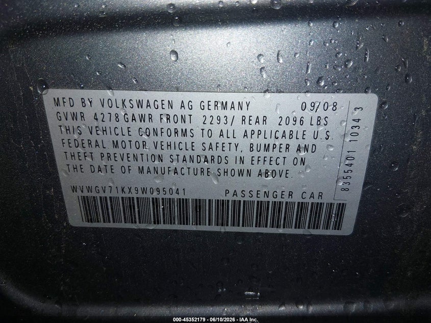 2009 Volkswagen Gti 4-Door VIN: WVWGV71KX9W095041 Lot: 45352179