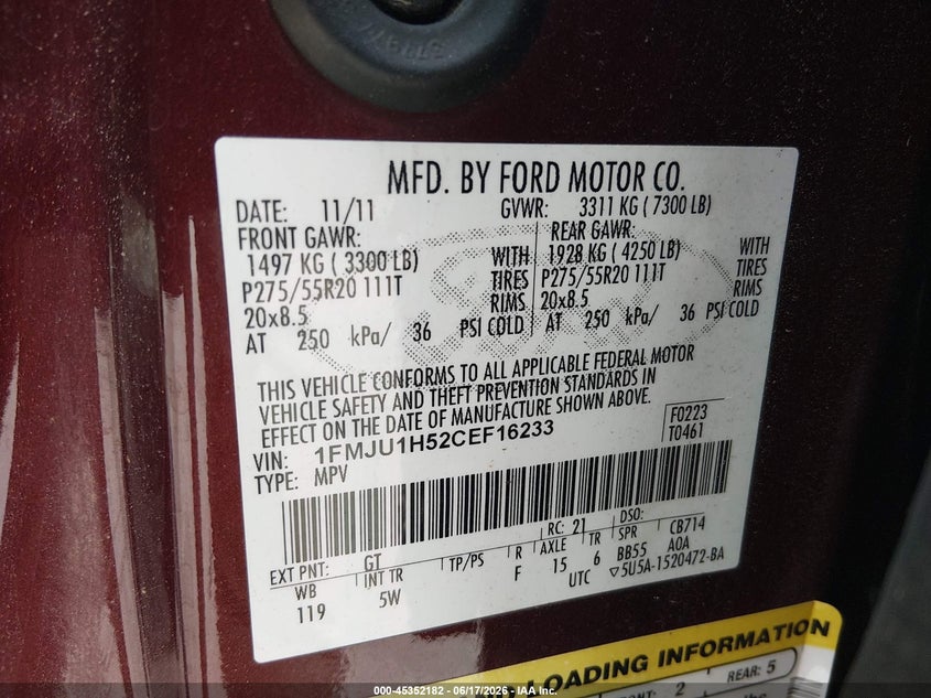 FORD EXPEDITION 2012 VIN 1FMJU1H52CEF16233