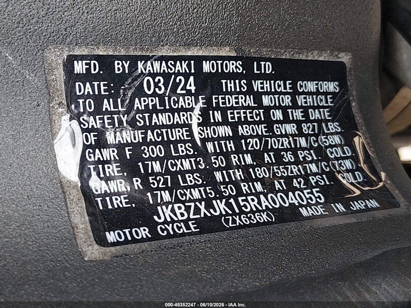 2024 Kawasaki Zx636 K VIN: JKBZXJK15RA004055 Lot: 45352247