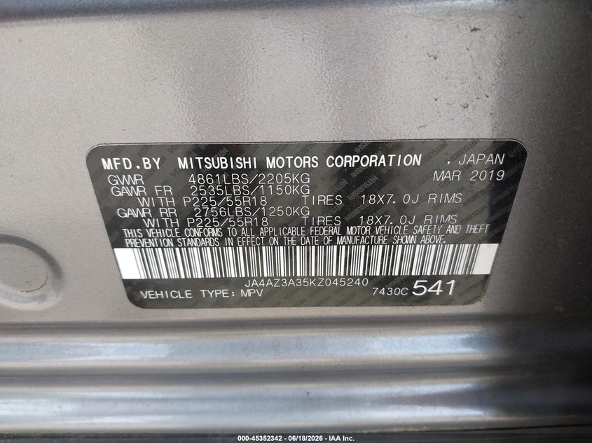 2019 Mitsubishi Outlander Se VIN: JA4AZ3A35KZ045240 Lot: 45352342