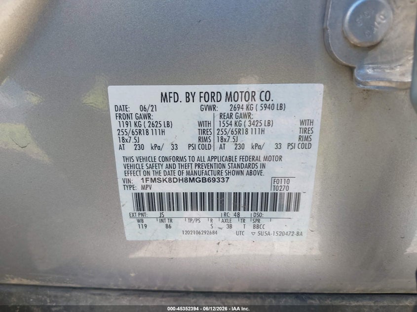 2021 Ford Explorer Xlt VIN: 1FMSK8DH8MGB69337 Lot: 45352394