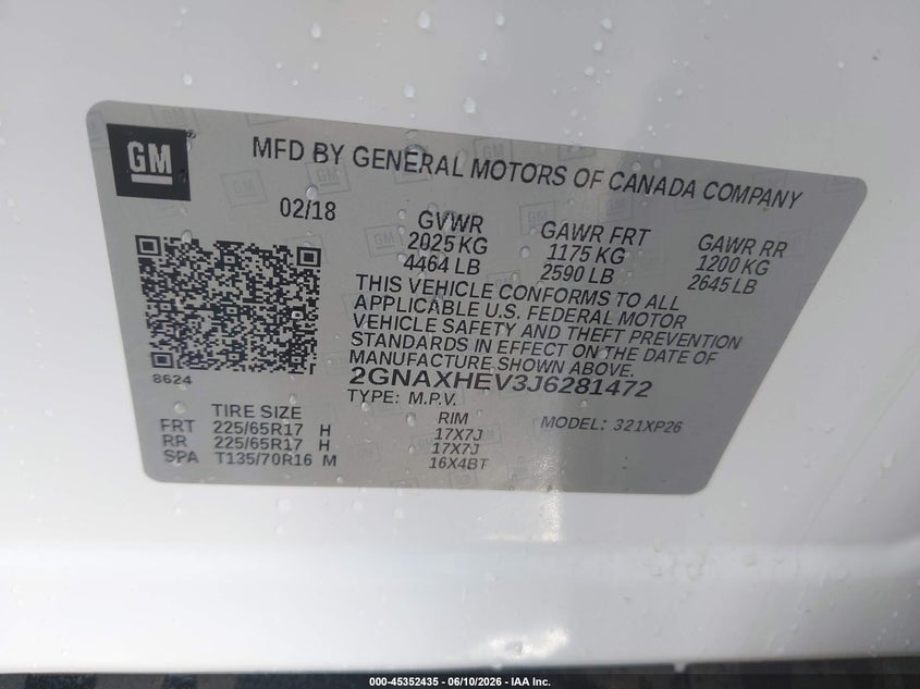 2018 CHEVROLET EQUINOX SPORT UTILITY VEHICLE 1.5L I-4 DI, DOHC, VVT, TURBO, 170HP