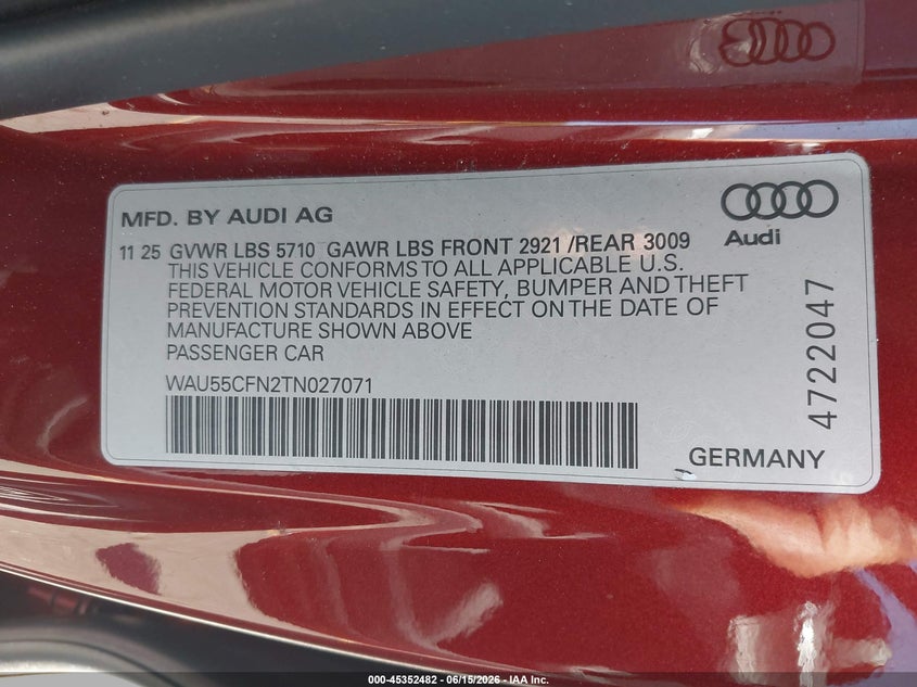 AUDI A6 2026 VIN WAU55CFN2TN027071