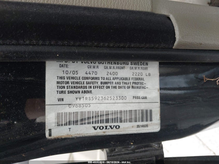 2006 Volvo S60 2.5T VIN: YV1RS592362523300 Lot: 45352515