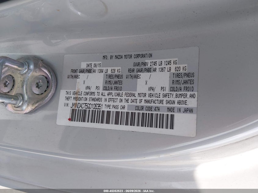 2016 Mazda Mx-5 Miata Club VIN: JM1NDAC75G0106351 Lot: 45352523