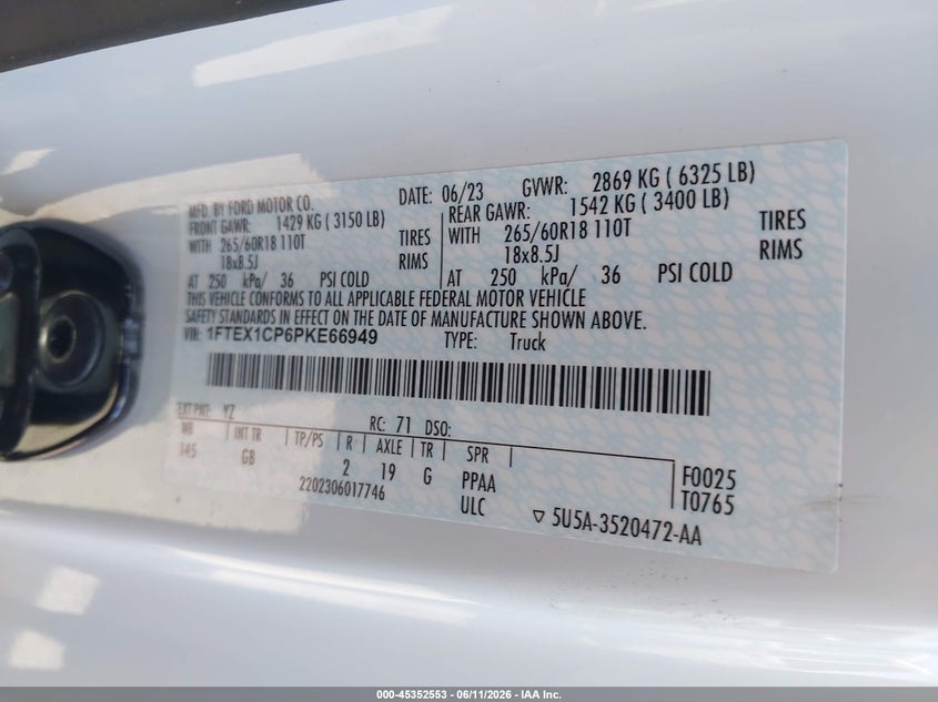 VIN 1FTEX1CP6PKE66949 2023 FORD F-150 XL
