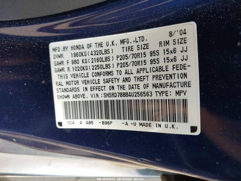 2004 HONDA CR-V SPORT UTILITY VEHICLE 2.4L I-4 DOHC, VVT, 160HP