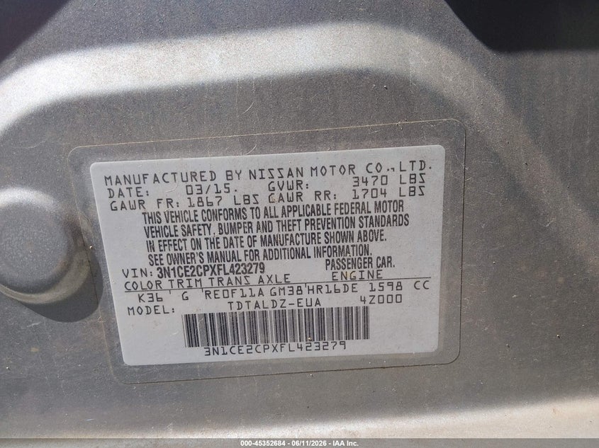 2015 Nissan Versa Note S (Sr)/S Plus/Sl/Sr/Sv VIN: 3N1CE2CPXFL423279 Lot: 45352684