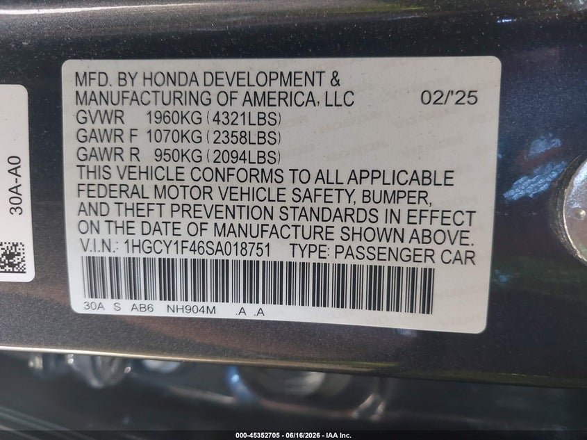 VIN 1HGCY1F46SA018751 2025 HONDA ACCORD SE