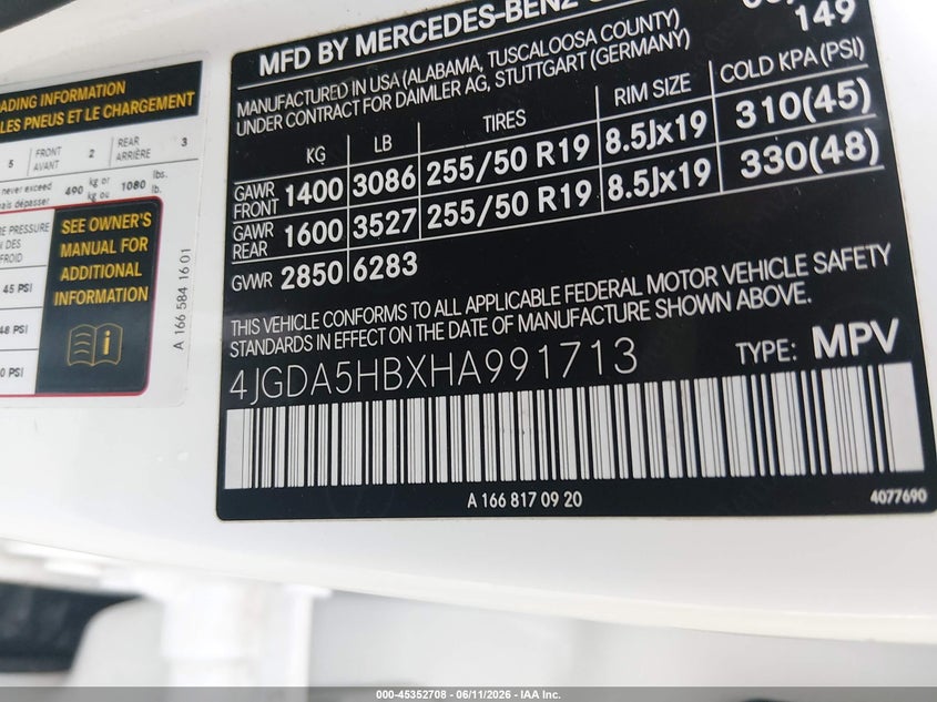 MERCEDES-BENZ GLE 350 2017 VIN 4JGDA5HBXHA991713