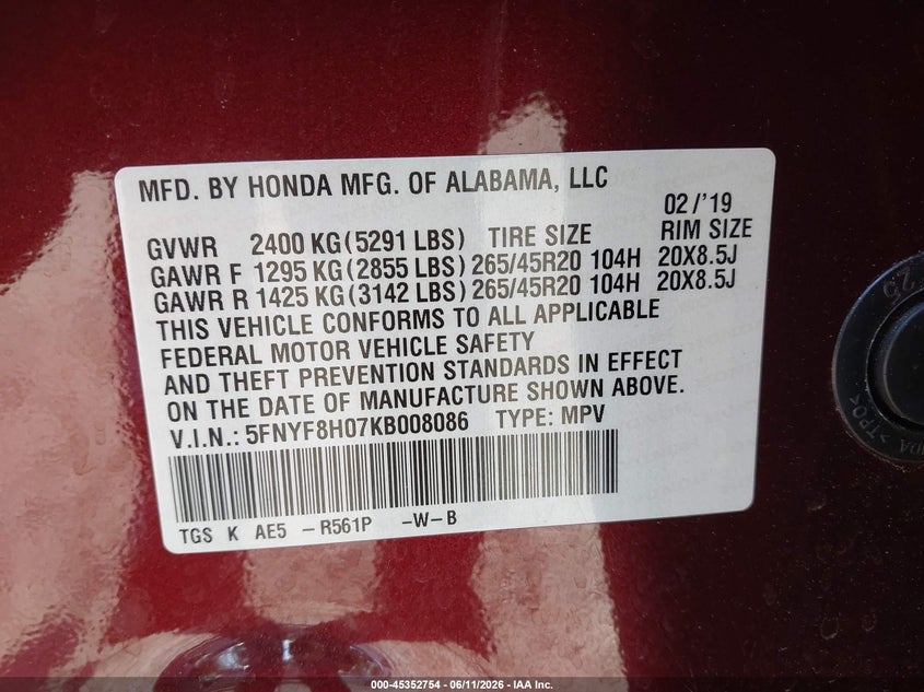VIN 5FNYF8H07KB008086 2019 HONDA PASSPORT ELITE