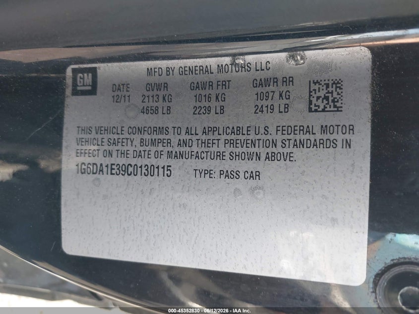 CADILLAC CTS 2012 VIN 1G6DA1E39C0130115
