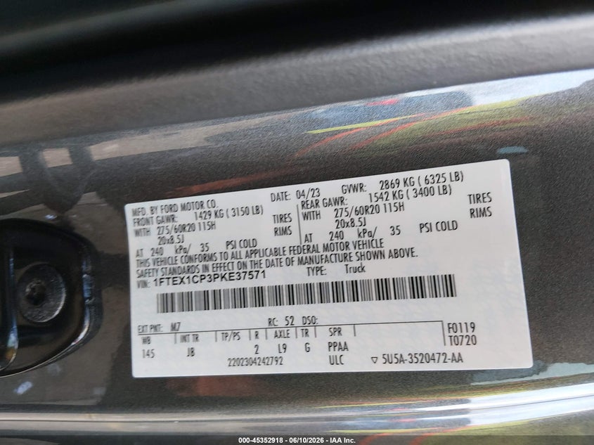 2023 FORD F-150 2.7L V-6 DI, DOHC, V(VIN: 1FTEX1CP3PKE37571