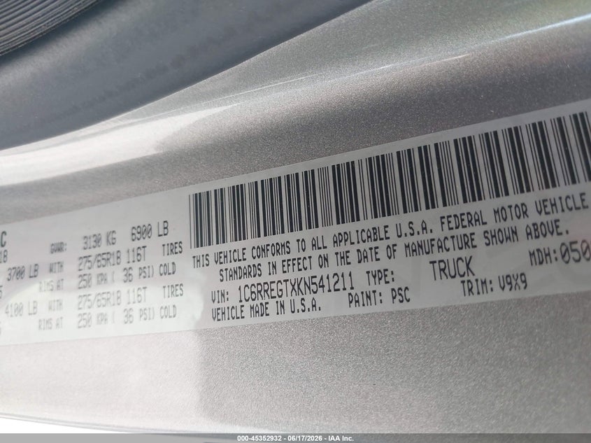 2019 RAM 1500 PICKUP 5.7L V-8 VVT, 395HP