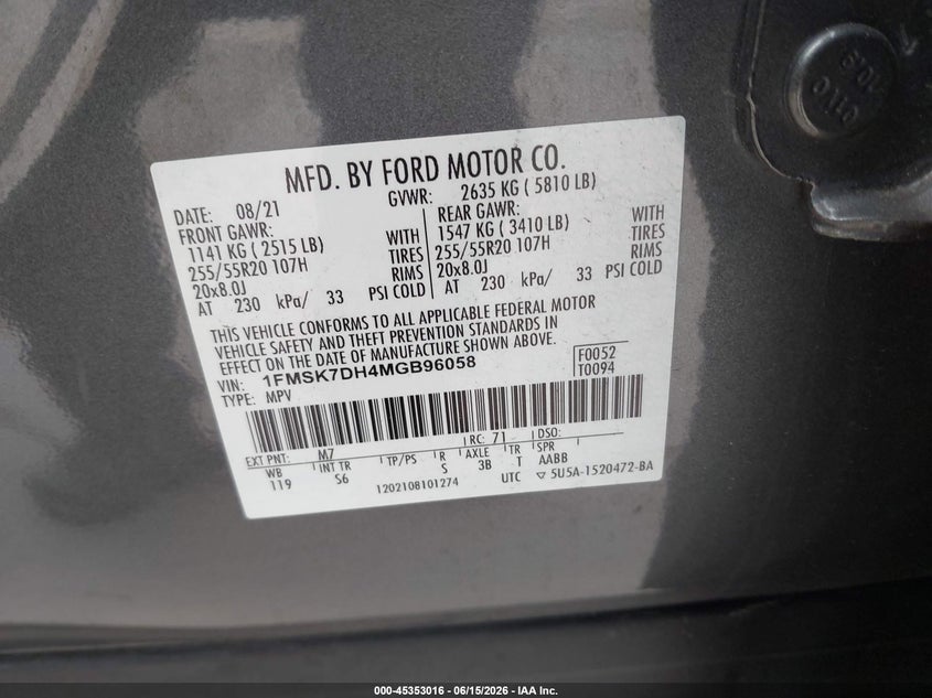 VIN 1FMSK7DH4MGB96058 2021 FORD EXPLORER XLT