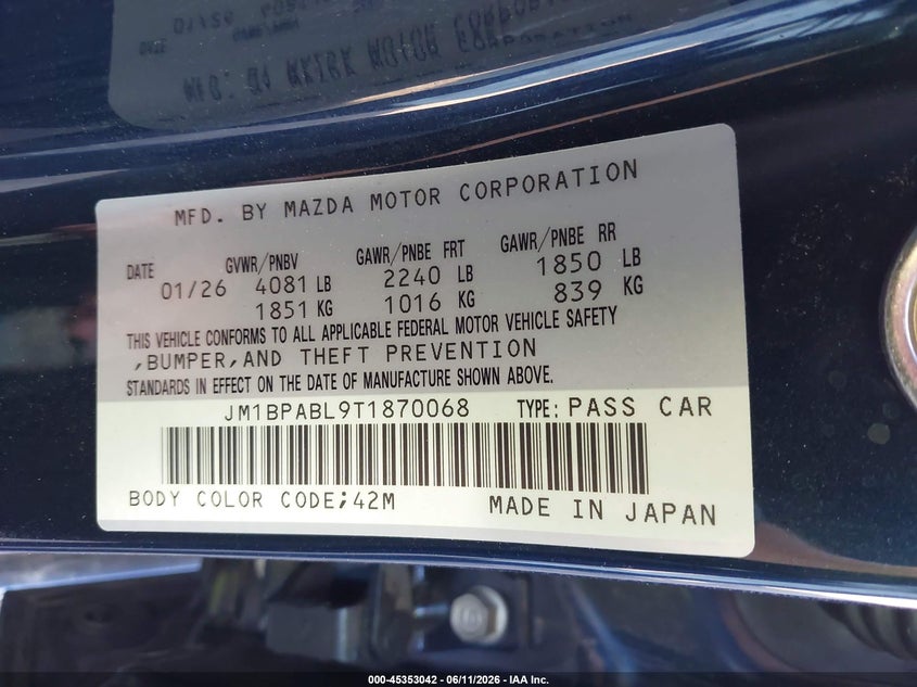 2026 Mazda Mazda3 2.5 S Select Sport VIN: JM1BPABL9T1870068 Lot: 45353042