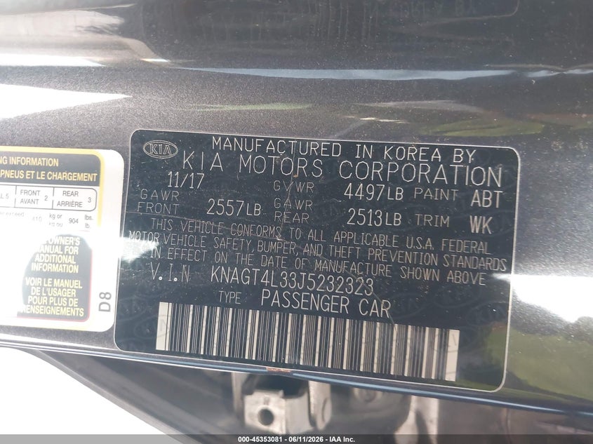 2018 Kia Optima Lx VIN: KNAGT4L33J5232323 Lot: 45353081