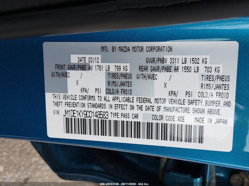 2012 Mazda Mazda2 Sport VIN: JM1DE1KY9C0148583 Lot: 45353146