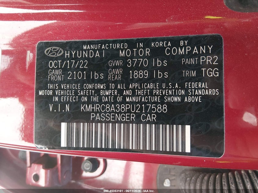 2023 Hyundai Venue Sel VIN: KMHRC8A38PU217588 Lot: 45353161