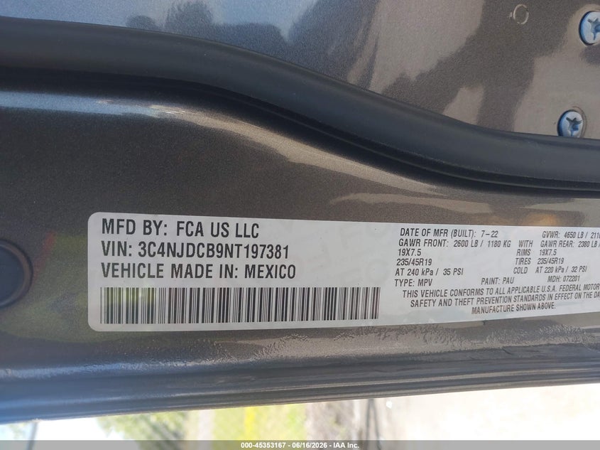 2022 JEEP COMPASS SPORT UTILITY VEHICLE 2.4L I-4 VVT, 177HP