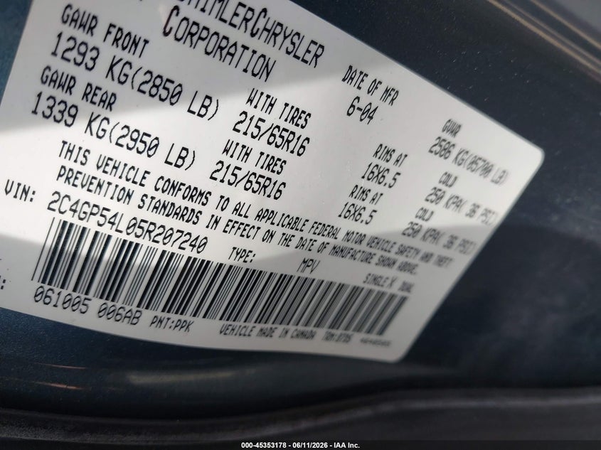 2005 Chrysler Town & Country Touring VIN: 2C4GP54L05R207240 Lot: 45353178