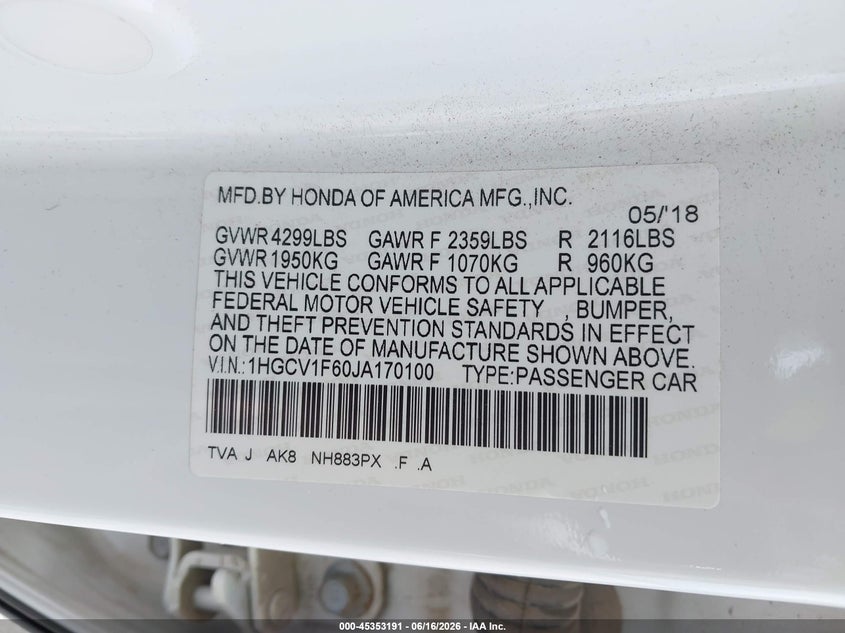 VIN 1HGCV1F60JA170100 2018 HONDA ACCORD EX-L