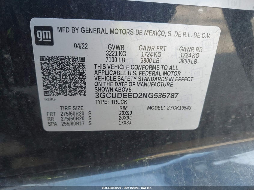 2022 Chevrolet Silverado 1500 4Wd Short Bed Rst VIN: 3GCUDEED2NG536787 Lot: 45353279