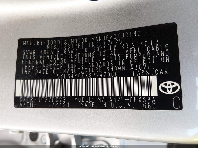 2025 TOYOTA COROLLA 2.0L I-4 DI, DOHC, V(VIN: 5YFS4MCEXSP247966